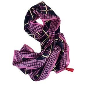 Y2K Anne Klein Preppy Bubble Gum Pink Navy Blue 100% Silk Scarf Argyle Girly